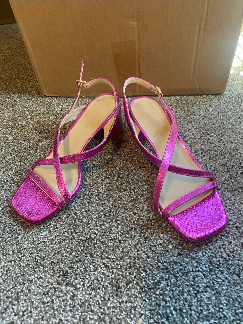 Stuart Weitzman Metallic Fuchsia Strappy Slingback Heels
